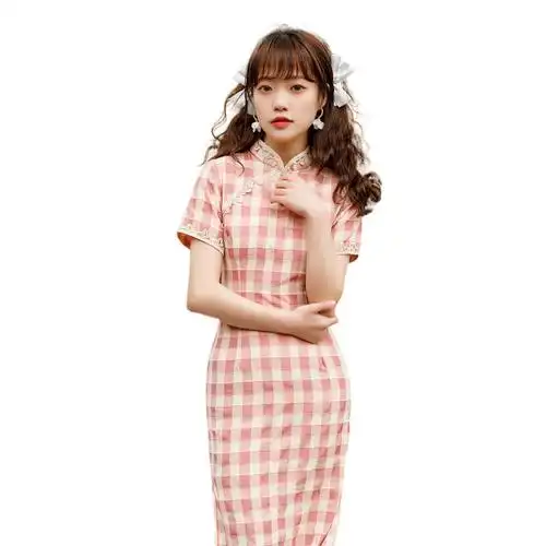 小清新格子旗袍中长年轻款少女春夏改良日常可穿民国风学生连衣裙