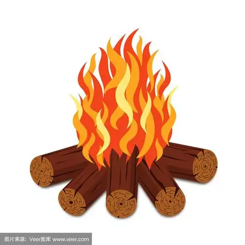 篝火与柴火和火焰火炬卡通风格.篝火与木头堆孤立的白色背景