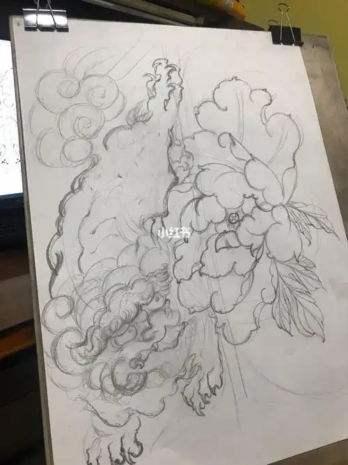 唐狮牡丹纹身手稿