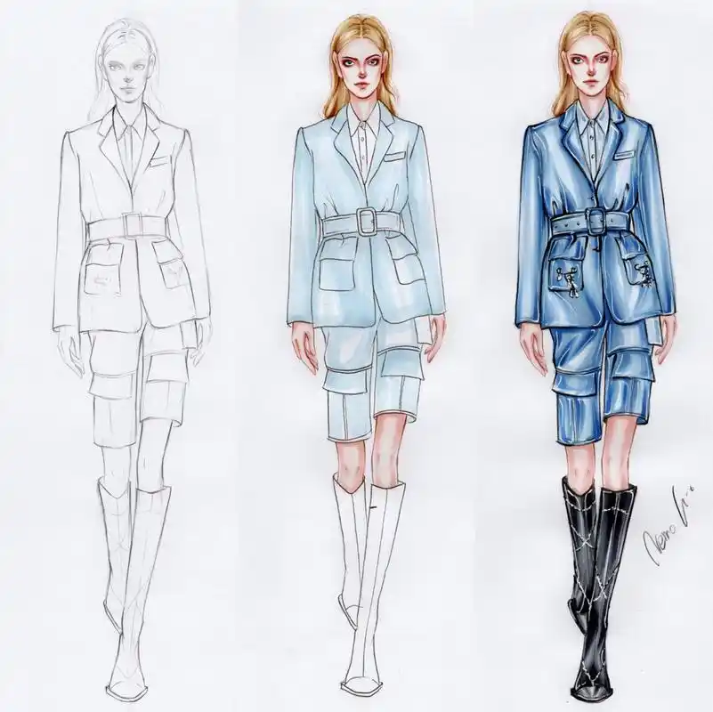 手绘服装效果图马克笔合集 9张啦开学到现在半个月画的 算是自己的第