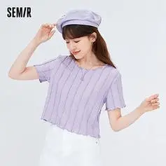 semir森马短袖t恤女2024夏季新款女装短款木耳边温柔针织衫淡紫色上衣