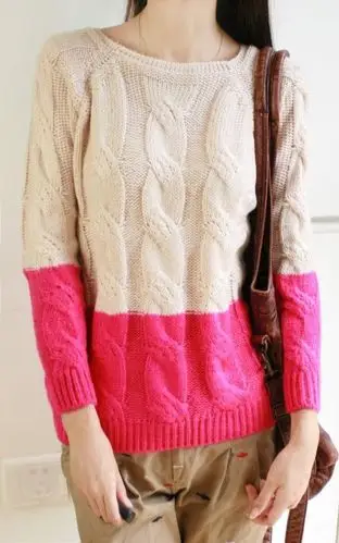 【娇家】2013新款秋装女装甜美马海毛麻花编织拼色圆领套头毛衣