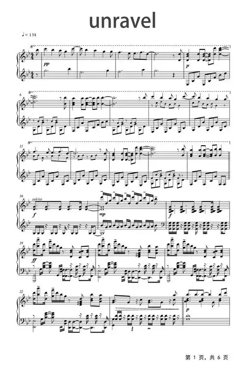 unravel钢琴谱tk降b调流行钢琴五线谱