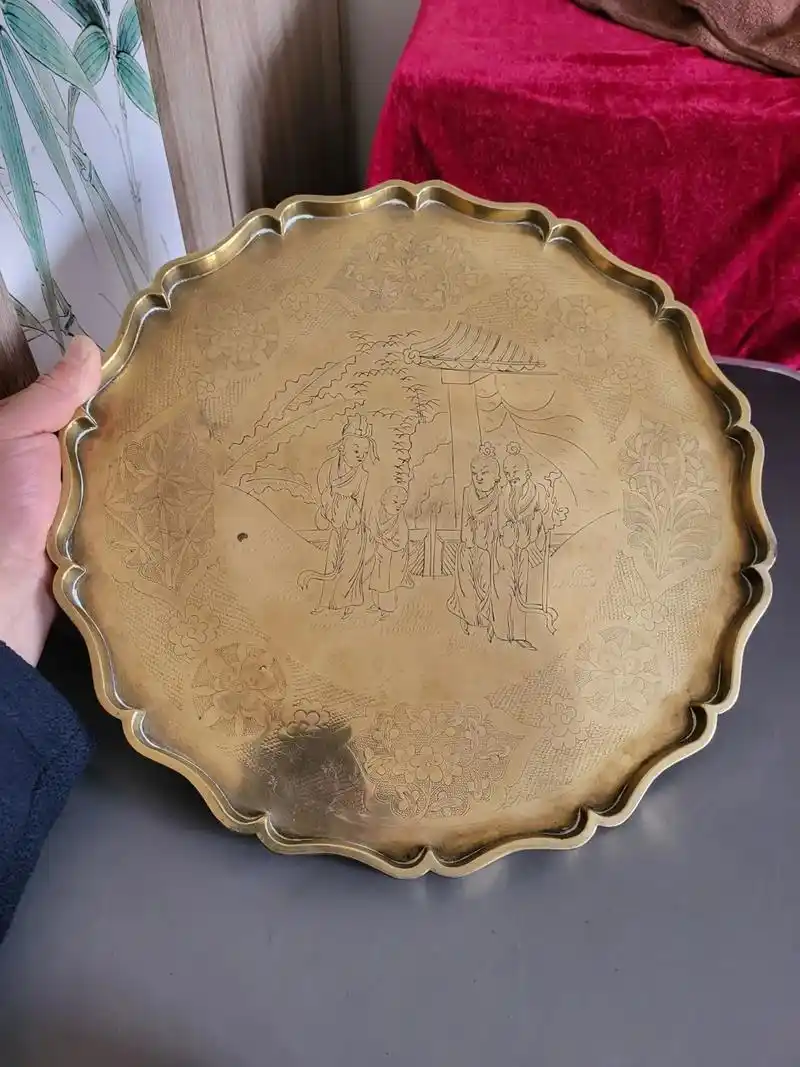 晚清罕见细路人物故事大铜盘,直径:36cm,重:1640克