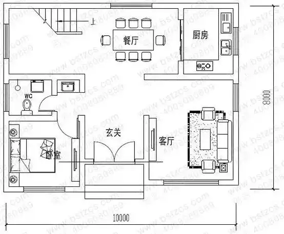 这款图纸编号: dc0224,砖混结构,主体造价为16-20万,开间10米,进深8米