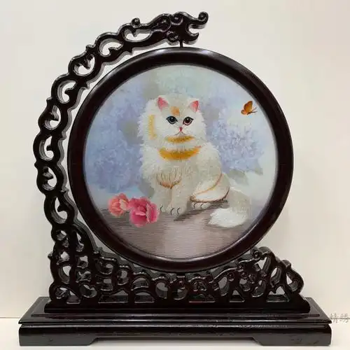 苏州特产手工苏绣刺绣成品摆件台屏双面绣实木精品出国装饰礼品 紫红