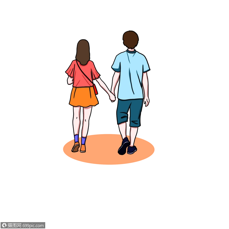 卡通手绘幸福情侣手牵手浪漫背影