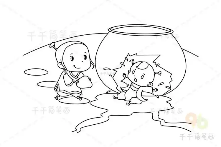 古代故事司马光砸缸涂色画_涂色画简笔画