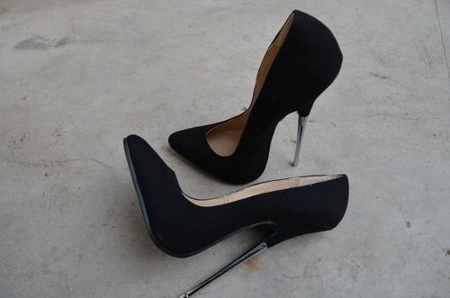 新款尖头黑色绒面16cm厘米金属细高跟cd伪娘变装大码情趣超高跟鞋