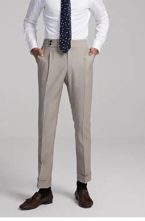 fullmonty米色巴黎扣西裤男士商务正装休闲修身直筒羊毛西服裤子米色