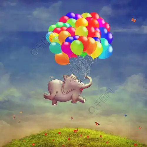可爱的插图的气球在天空中飞行的大象