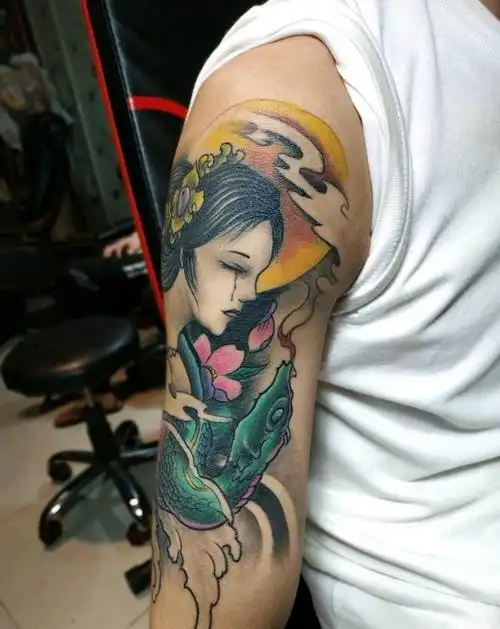 花臂艺妓纹身图片手臂新传统纹身图案