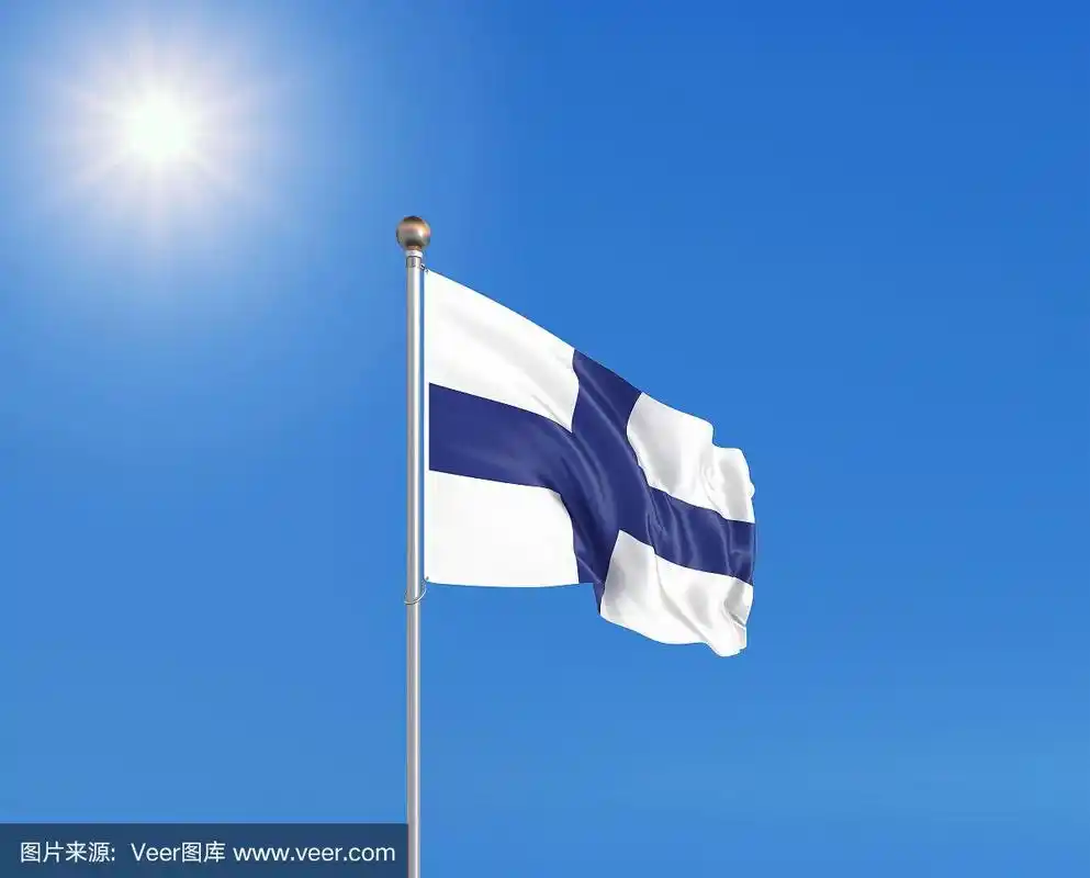 3 d演示.五颜六色的芬兰国旗在阳光明媚的蓝天背景.