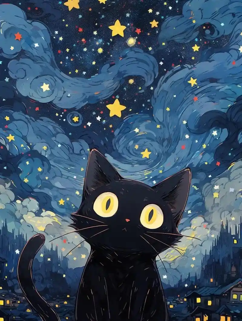星空黑猫头像 | 一起看星空是顶级浪漫.#插画 #治愈系 # - 抖音