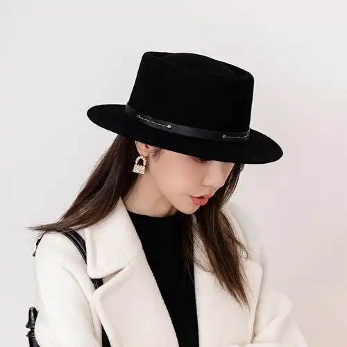 帽子新款2021网红法式复古设计师款平沿羊毛呢凹顶礼帽女秋冬潮