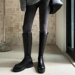网红同款鞋女松糕圆头长筒靴女不过膝厚底长靴黑色百搭高筒骑士靴