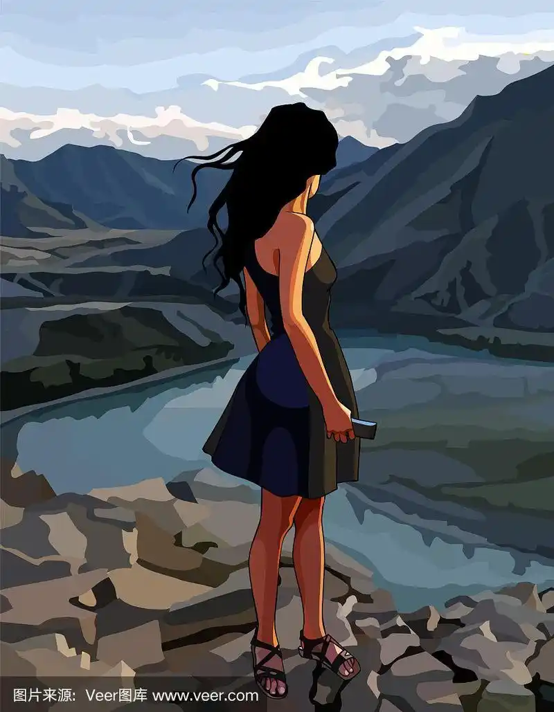 卡通女人看着河谷