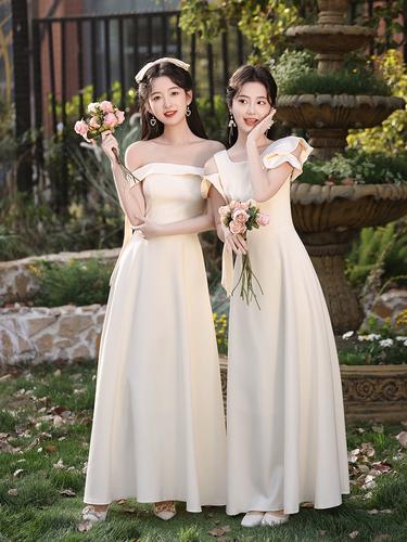 伴娘服2024新款夏季香槟色缎面高级感姐妹团晚礼服裙长裙修身显瘦