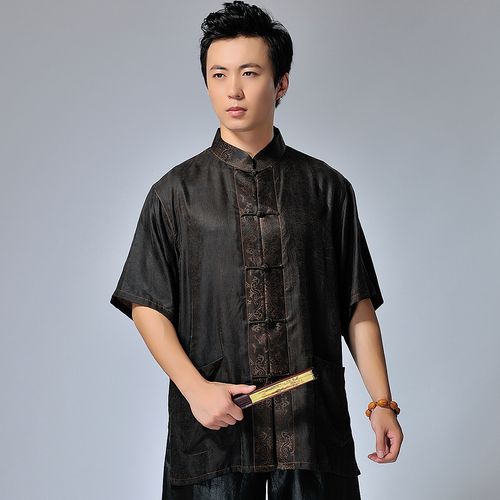 夏季真丝双鱼香云纱唐装男短袖桑蚕丝中国风立领莨绸龟纹男装衬衫