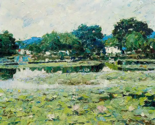 黄乃源荷塘布面油画