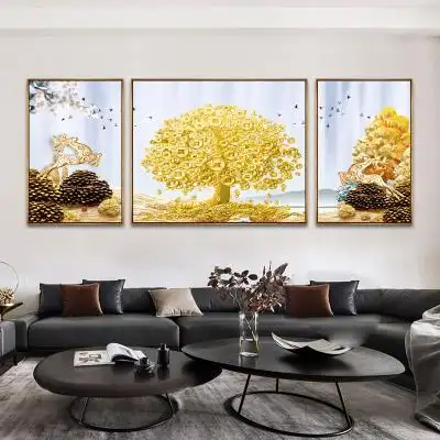 发财树家庭客厅墙上装饰画现代简约北欧壁画沙发背景墙三联挂画
