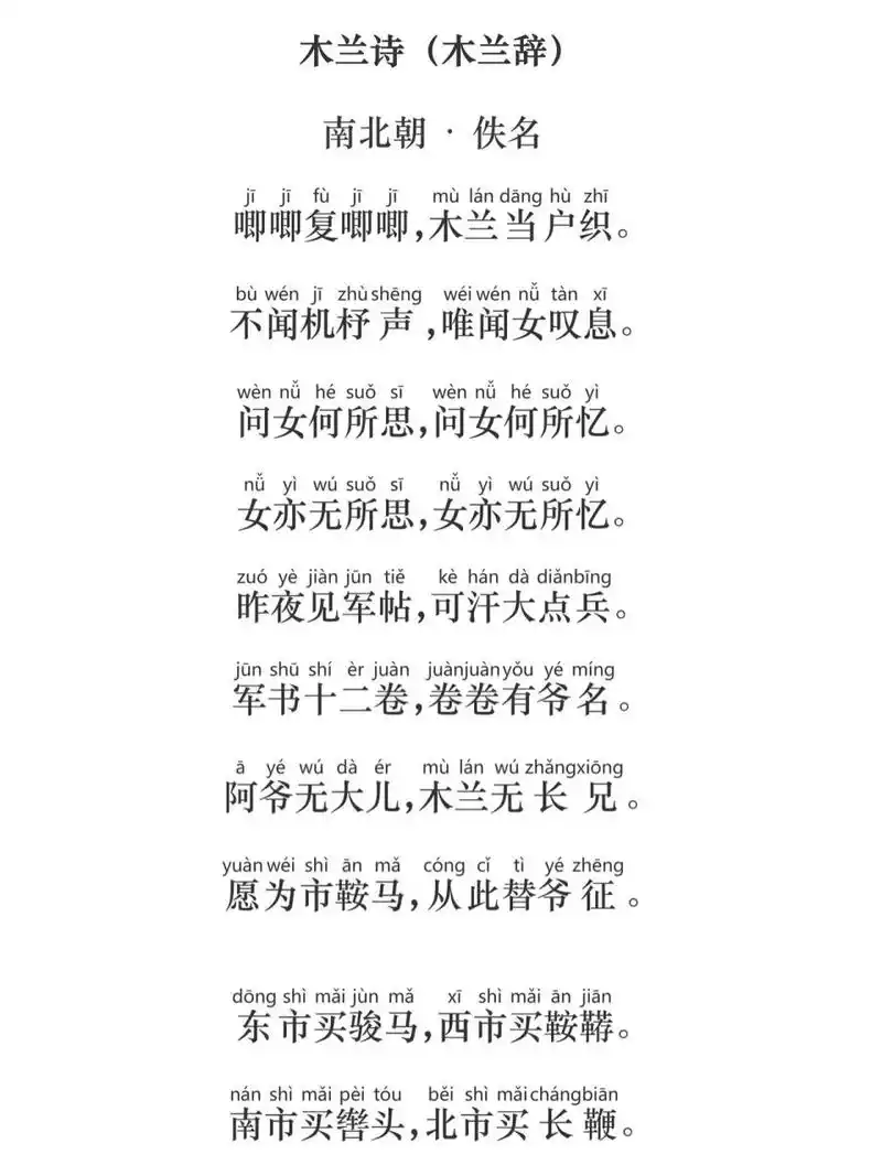 《木兰诗》拼音版全文,古人区分男女很难吗?