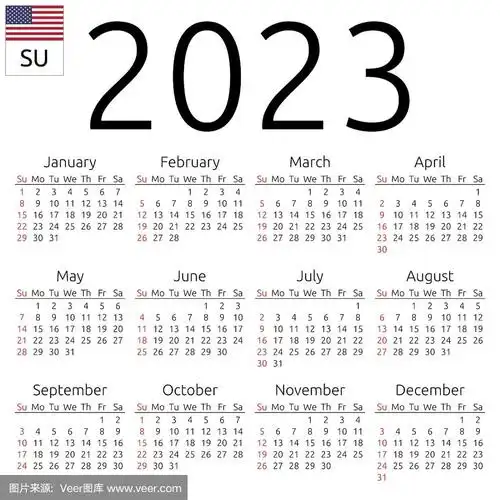 日历2023年,英语,星期天