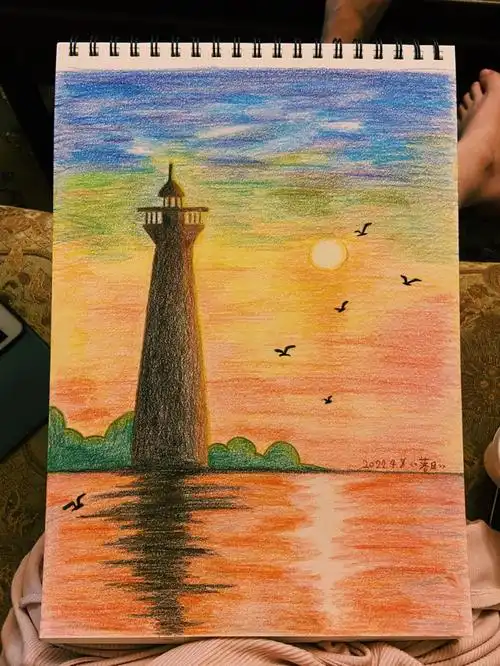 彩铅画海边落日
