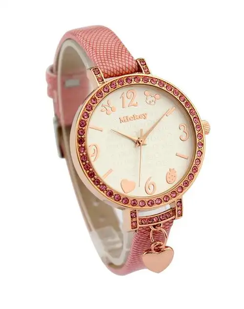 迪士尼disney手表专场-女款粉/白色镶钻简约石英表