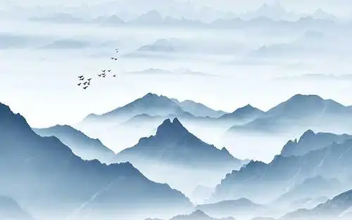 xt95633新中式蓝色水墨山水云海飞鸟淡雅山峦背景墙