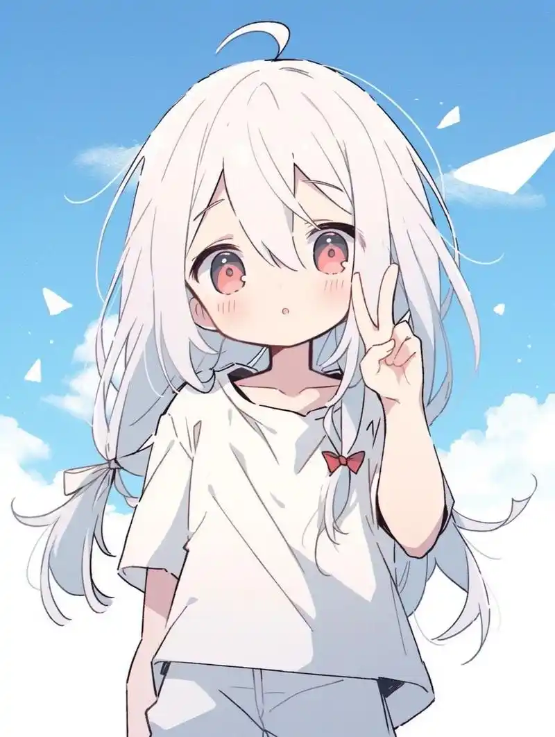【漫画头像】天空可爱版白发女孩  给生活比个v, 可可爱爱小女孩.