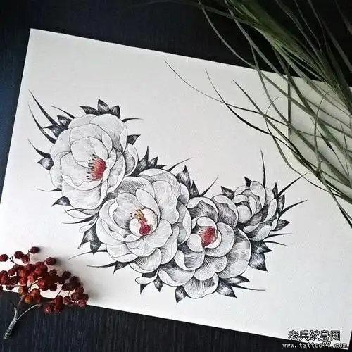 黑灰牡丹纹身图案