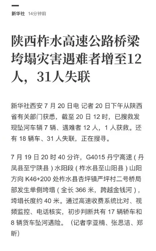 陕西柞水高速公路桥梁垮塌灾害遇难者增至12人,31人失联.
