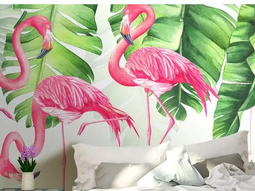 北欧现代清新绿植火烈鸟水彩画背景墙壁画