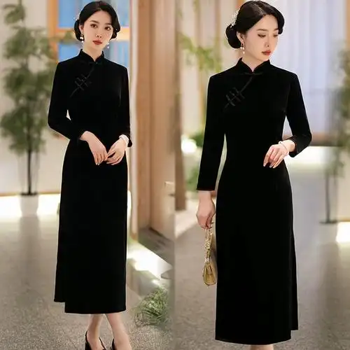 改良黑色加厚旗袍女秋冬复古民国风气质长袖日常新中式长款连衣裙