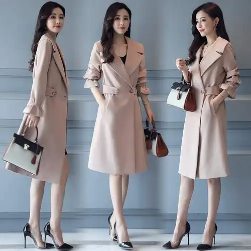 过膝风衣女中长款女士春秋季新品女装韩版修身西装领年轻春秋外套