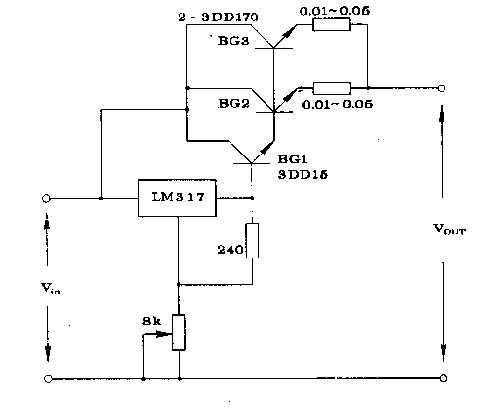如图3所示的电路即由lm317首先驱动bgl—3ddl5,再由gbl驱动bg2,bg3