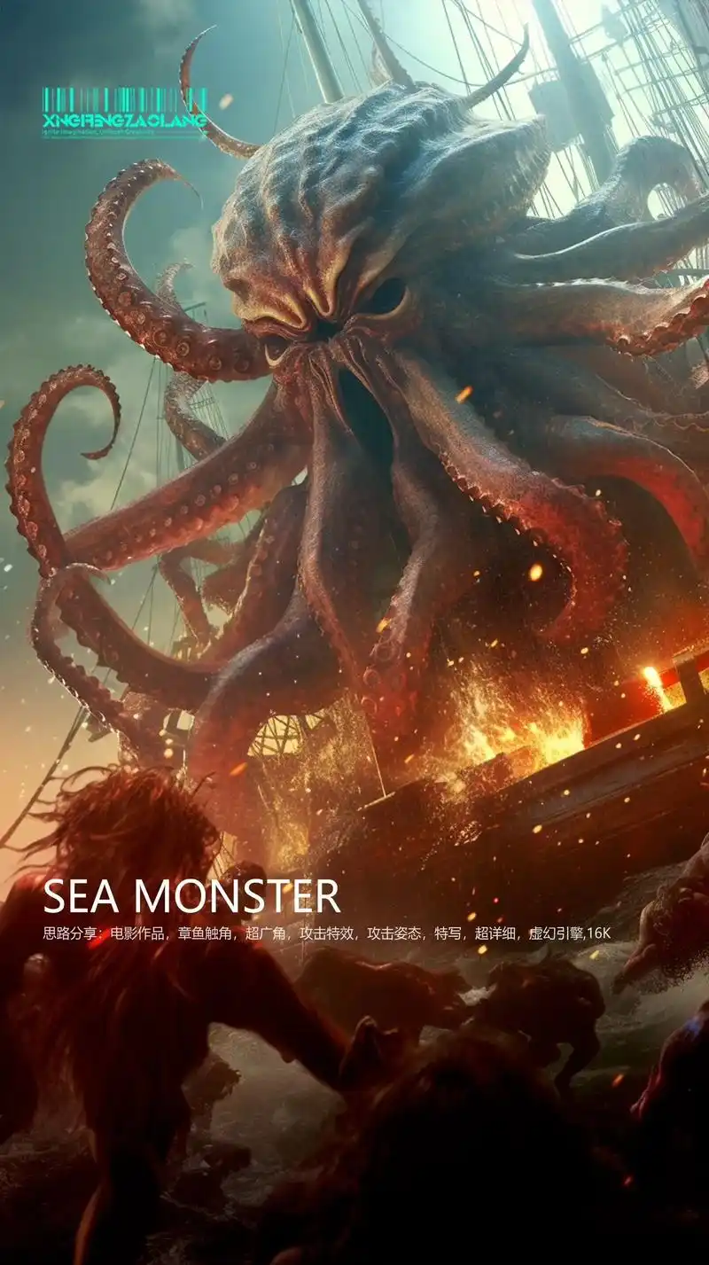 加勒比风格-海上章鱼怪#midjourney #ai绘画 # - 抖音
