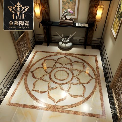 入户地板拼花水刀拼图走廊玄关莲花新中式瓷砖抛晶砖