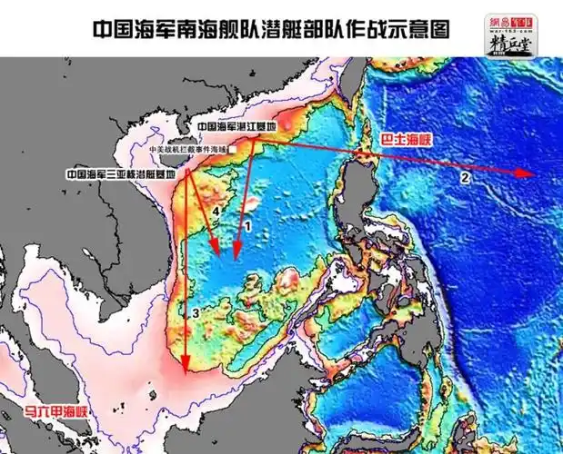 深蓝色为水深4000米区域,这为中国潜艇作战创造了十分有利的条件,南海