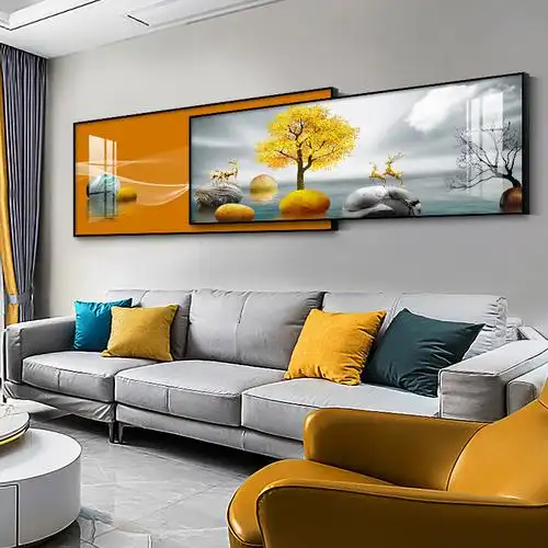 沙发背景墙装饰画2021年新款客厅高档大气叠加挂画中壁画晶瓷镶钻