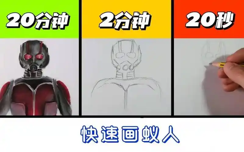 绘画大神手速挑战不同时间画蚁人的完成程度