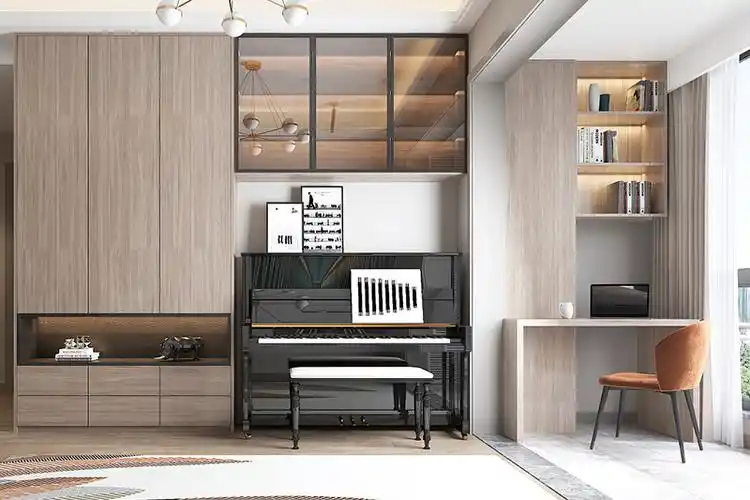 储物柜书柜书桌组合客厅储物柜加上玻璃门吊柜,钢琴完美的容身之所