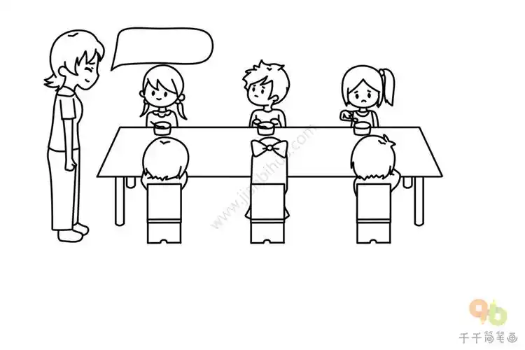 开学第一天幼儿园吃饭情景简笔画