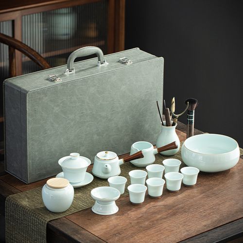 高档青瓷礼盒功夫茶具套装陶瓷家用茶具用品侧把防烫茶壶茶杯轻奢-mc