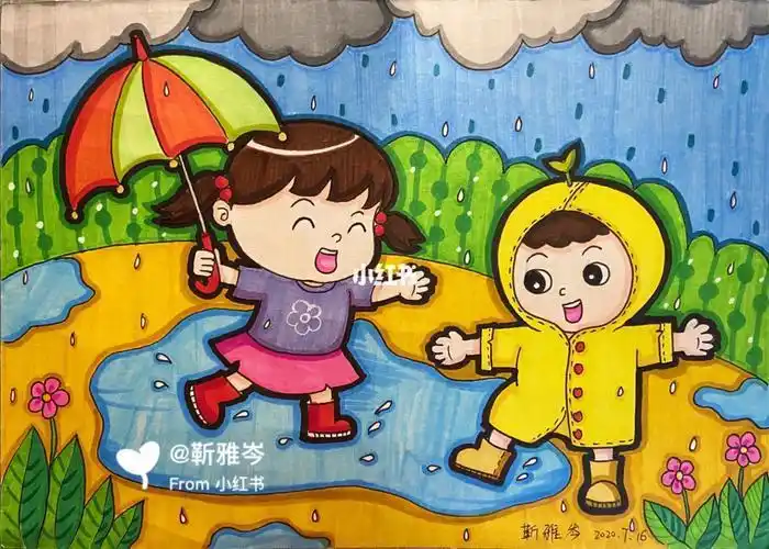 儿童  童年场景之雨天玩水简笔画马住和孩子一起画起来吧创意儿