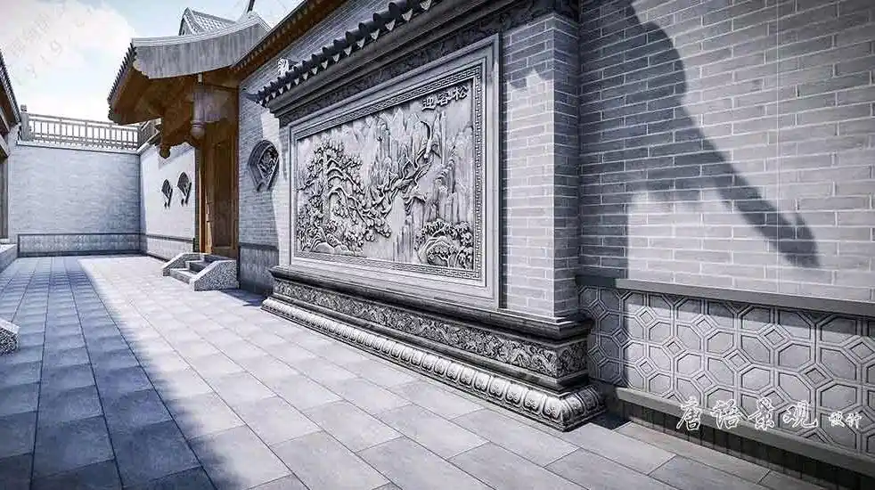 中式庭院别墅装修砖雕影壁墙设计效果