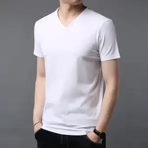 夏季v领纯棉短袖t恤男纯白纯黑素色半袖休闲男装薄款纯色百搭体恤