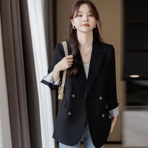 双排扣黑色西服外套宽松显瘦职业女装时尚气质春秋新款工作服上衣