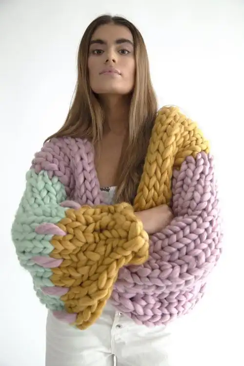 欧美秋冬新款慵懒风纯手工粗线重工彩虹拼色针织开衫加厚毛衣